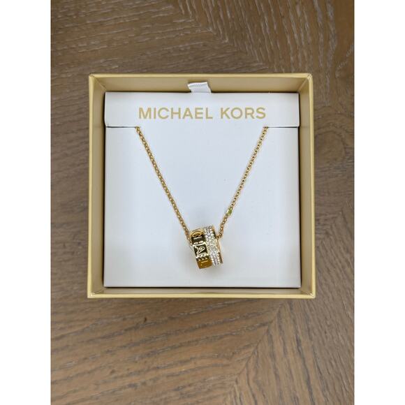 Michael Kors Jewelry - Michael Kors Gold Tone Barrel Pendant Necklace Crystal Logo MKJ0181710B New Box